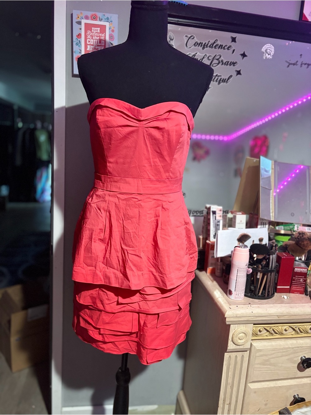 BCBGMaxAzria Strapless Coral Layered Peplum Dress